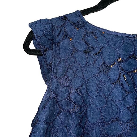 MONTEAU Navy Blue Lace Dress W/ Frill Sleeves Size Large - Picture 3 of 4